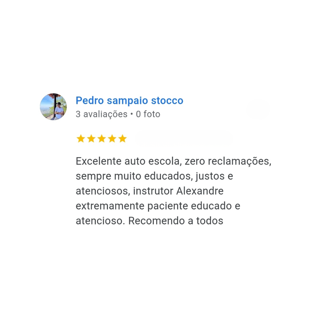 Print de avaliação do Google de Pedro Sampaio Stocco elogiando o instrutor Alexandre